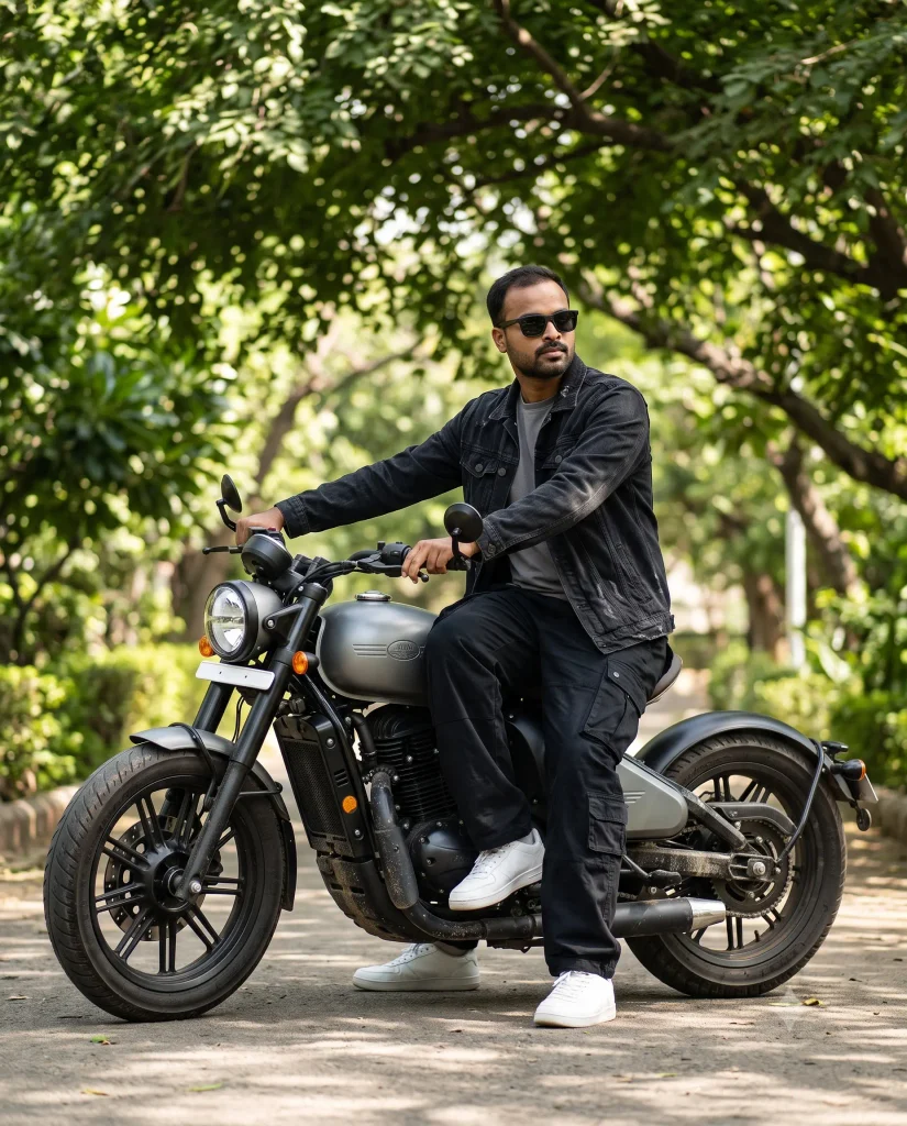 Ultra-Realistic Jawa 42 Bobber Motorcycle Portrait — Cinematic Outdoor Photography