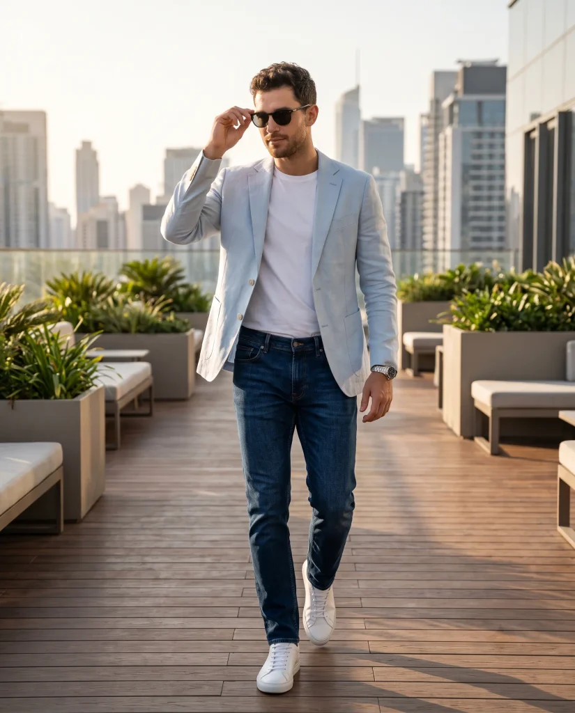 Stylish Man Walking Rooftop Fashion Photo AI Prompt