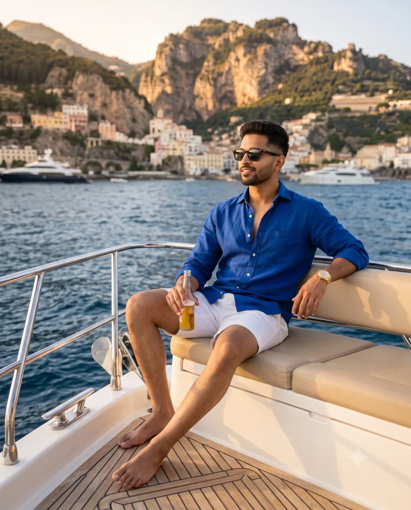 Amalfi Coast Luxury Yacht AI Photo Editing Prompt 2026 | Cinematic Travel Portrait