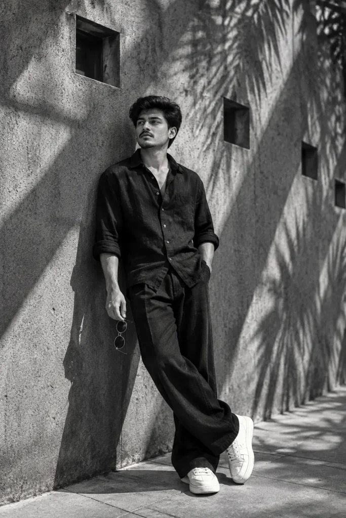 Monochrome Minimalist Man Editorial Fashion Photo Prompt